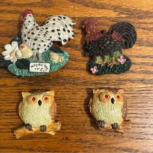 Set of 4 Vintage Fridge Magnets Decorative Owls & Rooster Figurines Mayberry NC